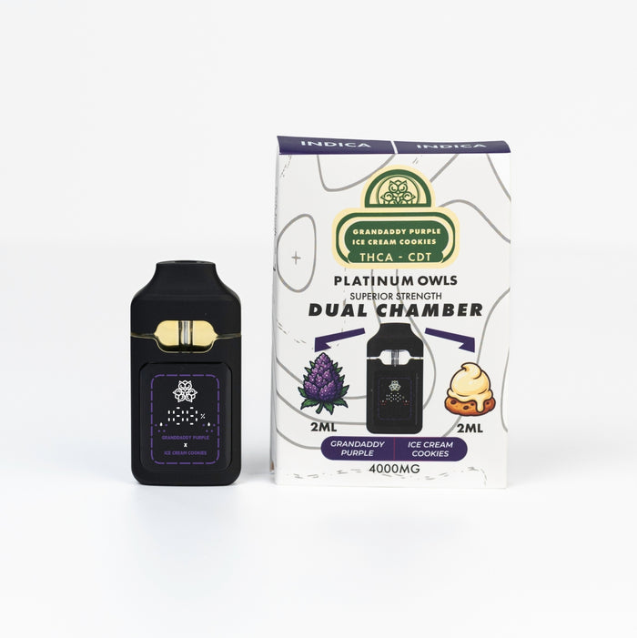 Platinum Owls Dual Chamber 4ml Vape – Grandaddy Purple & Ice Cream Cookies