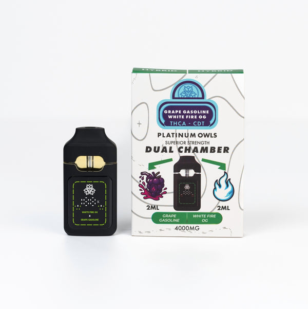 Platinum Owls Grape Gasoline and White Fire OG 4ml dual chamber THCA vape Ireland