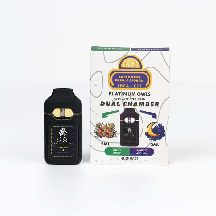 Platinum Owls Dual Chamber 4ml Vape – Super Boof & Purple Afghan
